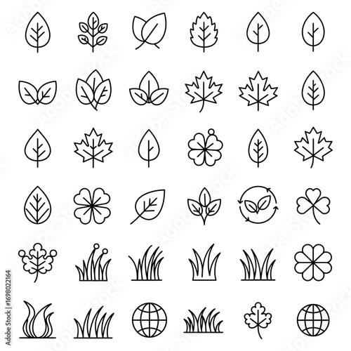 Minimalist outline icon set featuring various plant leaves, blades of grass, flowers, and ecology symbols