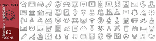 University education and academic outline icon collection with study and campus symbols