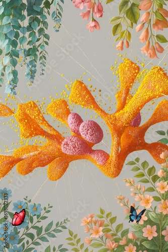 Whimsical floral composition featuring abstract coral and delicate butterflies artwork