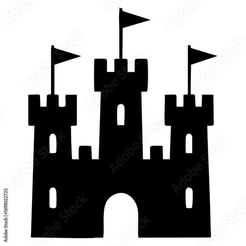 Black and white silhouette logo of a medieval castle with tall towers and flags