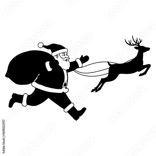 Merry Christmas Santa Claus running with a reindeer and a sack full of presents, festive holiday celebration illustration