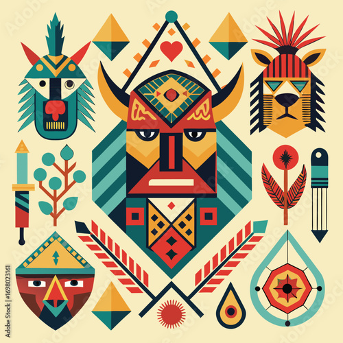 A vibrant and colorful geometric illustration featuring tribal masks, animal faces, and symbolic elements arranged in a symmetrical composition.