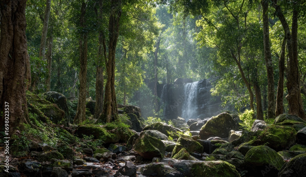 Obraz premium Lush rainforest waterfall scene