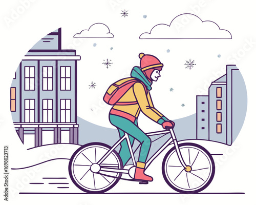 Person riding bicycle in snowy city street, snowflakes falling, winter urban illustration