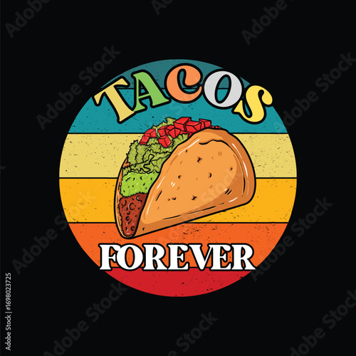 A vector illustration of a vintage fast food label sign and menu set with cartoon fish and cheese symbols for a restaurant or pizzeria poster design.Tacos Day