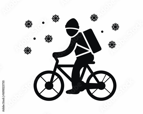 Person riding bicycle in snowy city street, snowflakes falling, winter urban illustration