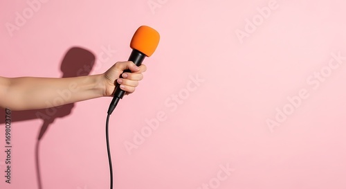 A hand holding a wired microphone against a pink background.