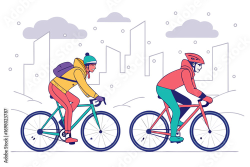 Person riding bicycle in snowy city street, snowflakes falling, winter urban illustration