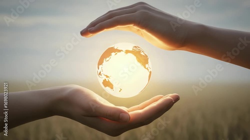 Hands holding glowing globe in field during sunset  