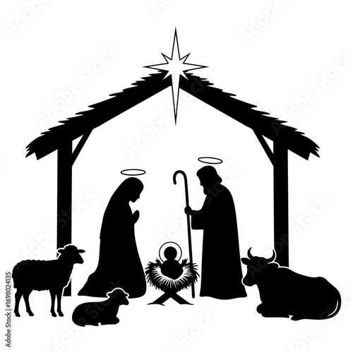 A black silhouette illustration of the Christian Nativity scene with Mary, Joseph, and baby Jesus