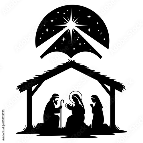 Holy Family Nativity Scene Silhouette Starry Night Christmas Illustration