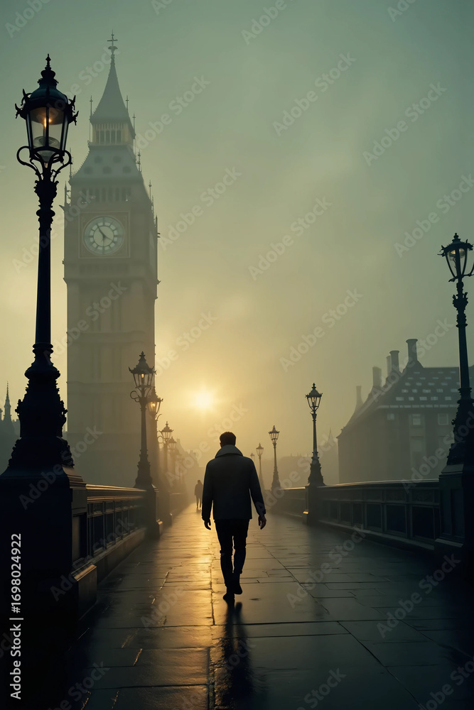 Obraz premium Silhouette of a man in a suit walking on Westminster Bridge towards Big Ben and the Houses of Parliament during sunrise in London, England. The scene features glowing street lamps, wet pavement.