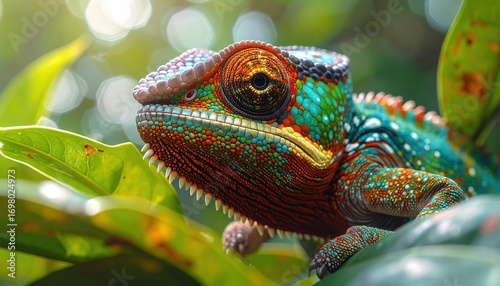 A vibrant chameleon, showcasing a stunning array of colors, rests amongst lush green foliage, creating a captivating image of nature's artistry.