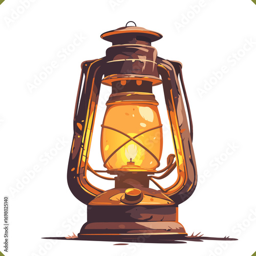 Vector illustration of vintage kerosene lamp glowing with warm light, rustic design, isolated on white background
