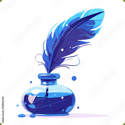 Vector illustration of blue feather pen in glass inkwell with liquid ink, artistic style, isolated on a white background