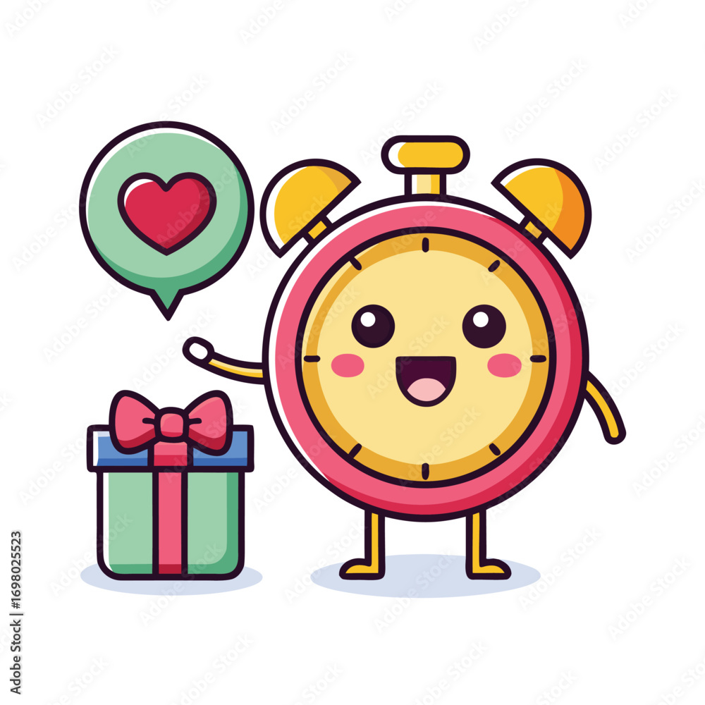 Naklejka premium Cartoon Love Alarm Clock with Gift Box Isolated