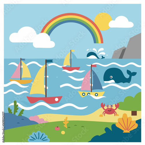 Colorful ocean landscape with sailboats whales rainbow and beach
