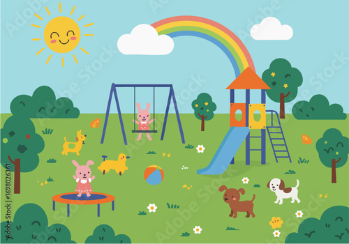 Playground scene with cute animals outdoor park activities
