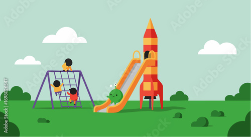 Children playing happily on a vibrant outdoor playground vector illustration