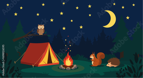 Forest Camping Night Scene with Wildlife Campfire and Tent Under Stars