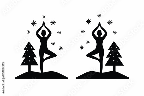 Person practicing yoga outdoors in snowy forest, winter wellness Silhouette  vector illustration