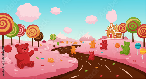 Candy land with gingerbread house gummy bears and lollipops illustration