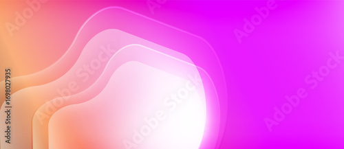 Abstract gradient background. Soft waves blend peach, pink, purple hues. Bright center radiates outward, creating dynamic visual effect.
