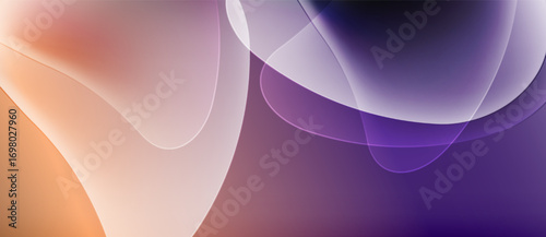 Abstract fluid shapes blend, creating soft gradients. Warm orange transitions into cool purple hues. Smooth curves suggest movement, light interplay.