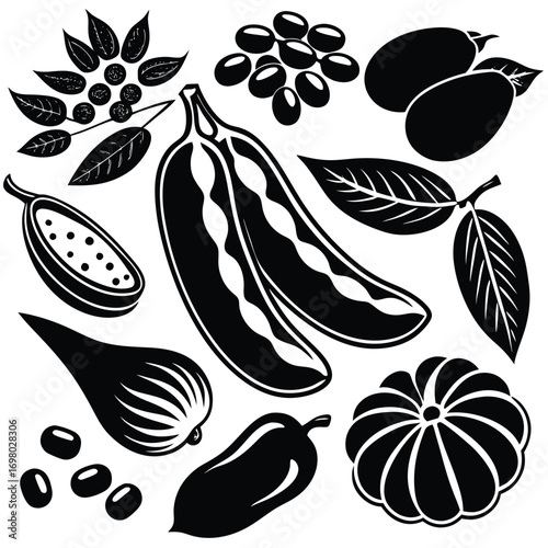 Black and white illustration of various fruits, vegetables, and legumes.