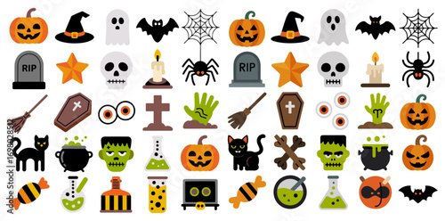 halloween icon pack with ghost pumpkin skull set