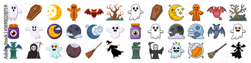 cute cartoon halloween horror icon set with sticker characters
