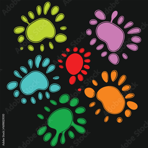 Colorful Cartoon Paint Splatters on Black Background with Fun, Playful Shapes. Bright Ink Blobs in Various Colors for Kids Art, Crafts, and Creative Design. Vector Illustration, Isolated Elements.