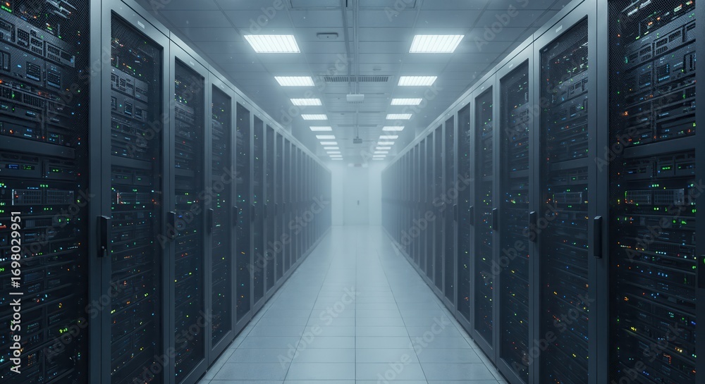 Fototapeta premium A long perspective view of a data center hallway with server racks.