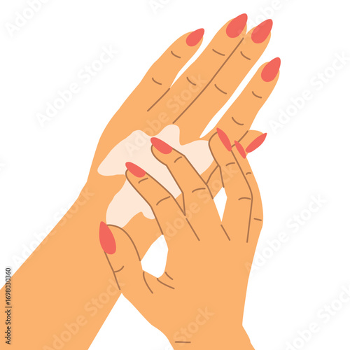 female hands applying moisturizing hand cream, symbolizing skincare, beauty, hygiene and wellness, perfect for cosmetic ads, spa, dermatology and self-care concepts- vector illustration