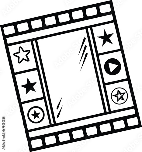 Hand-Drawn Film Strip Icon with Stars and Play Button in Black Outline Style. Retro Movie Frame Vector for Cinema, Media, and Entertainment Projects. Isolated Sketch on White Background.