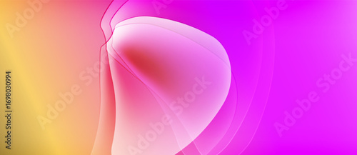 Abstract fluid shapes blend, creating vibrant gradients. Pink, orange, yellow hues dominate composition. Soft light radiates from center.