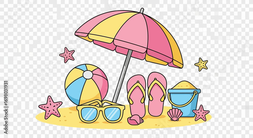 Summer vacation concept with essential beach accessories for a day of fun in the sun. A colorful illustration of a parasol, ball, and sandals