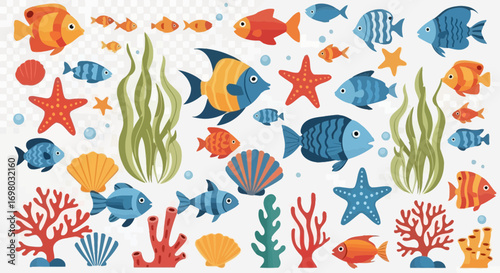 Colorful collection of cute cartoon sea life elements, featuring various fish, starfish, corals, and underwater plants for design