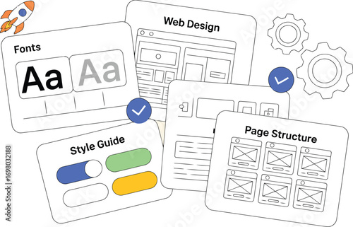 Web Design Process: A visually appealing illustration showcasing the stages of website development, with a focus on key elements like fonts, style guides, web design layouts and page structure.
