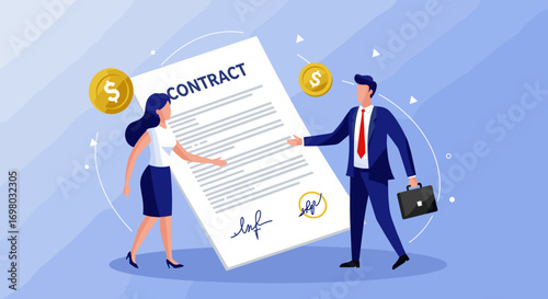 Business people shaking hands and signing contract with money symbols  