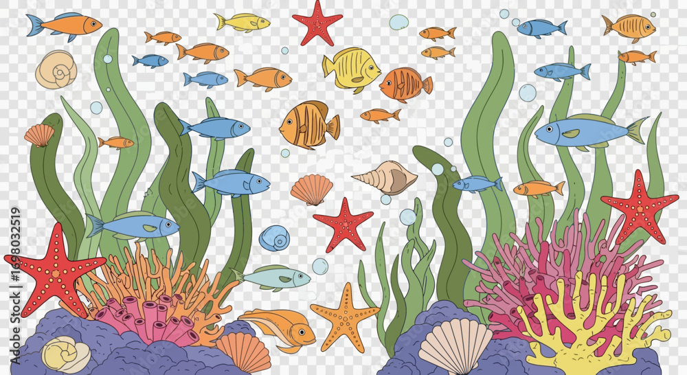 Obraz premium A vibrant and detailed illustration of a colorful underwater world with tropical fish, coral reefs, starfish, and seashells