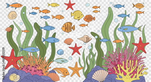 A vibrant and detailed illustration of a colorful underwater world with tropical fish, coral reefs, starfish, and seashells