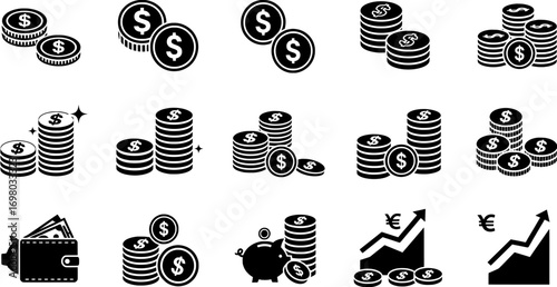 Set of black glyph icons showing money and finance concepts including dollar coins, wallet, piggy bank, and chart up