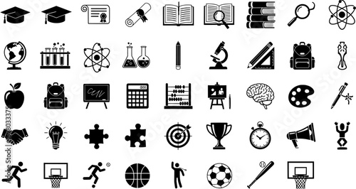 Collection of black and white education and sports icons including school supplies, science equipment, and game equipment
