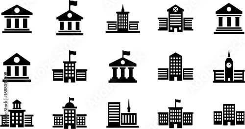 Set of black and white building icons in silhouette style representing different types of architecture