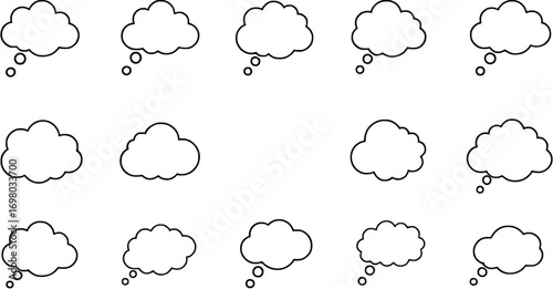 Set of black line art speech bubble icons in various shapes on white background