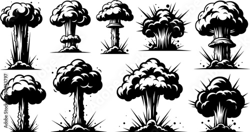Set of monochrome vector illustrations of various atomic explosion mushroom clouds on white background