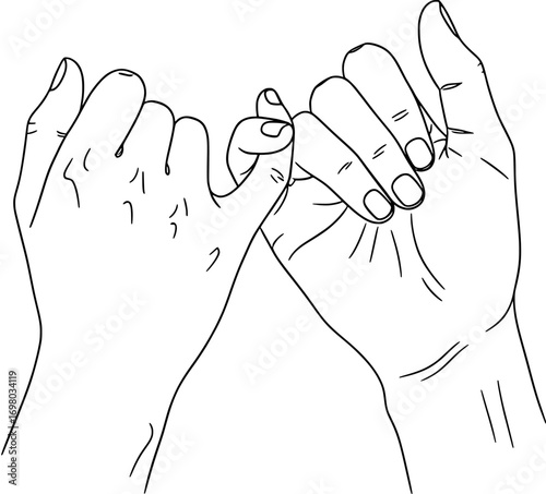 Hand-drawn line art illustration of two hands making a pinky promise