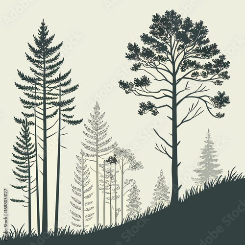 A collection of diverse coniferous trees silhouetted against a light background with grassy foreground