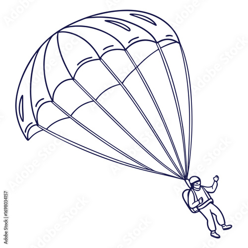 A simple line drawing of a skydiver descending with an open parachute against a white background